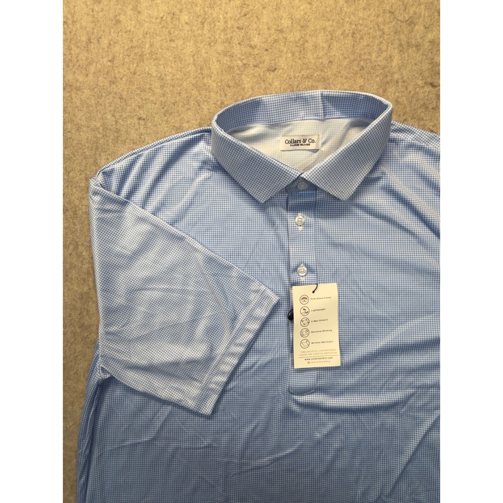 Collars & Co. Polo Shirt Mens XL Blue Gingham Dress Collar Stretch Performance